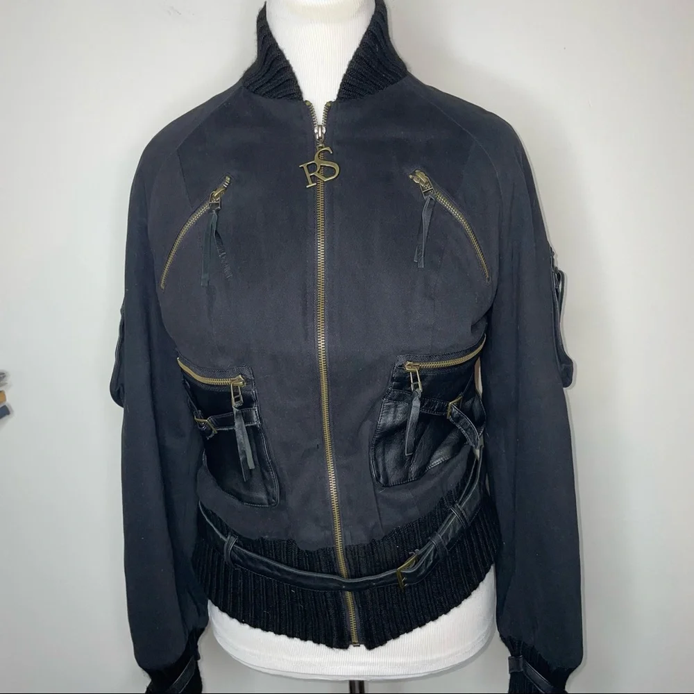 Roberta Scarpa Cotton Leather Moto Bomber Jacket Black Size 6 Italy - Picture 1 of 14